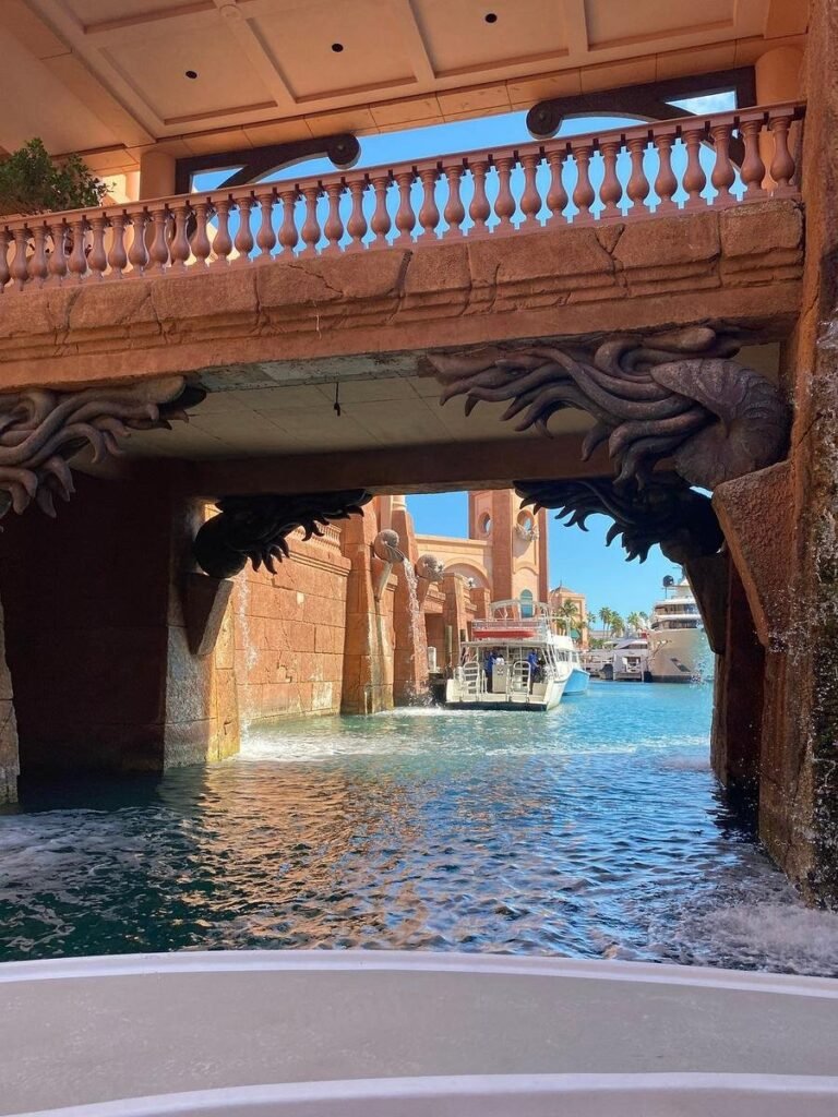 Cruising under the Atlantis bridge in Nassau Harbour